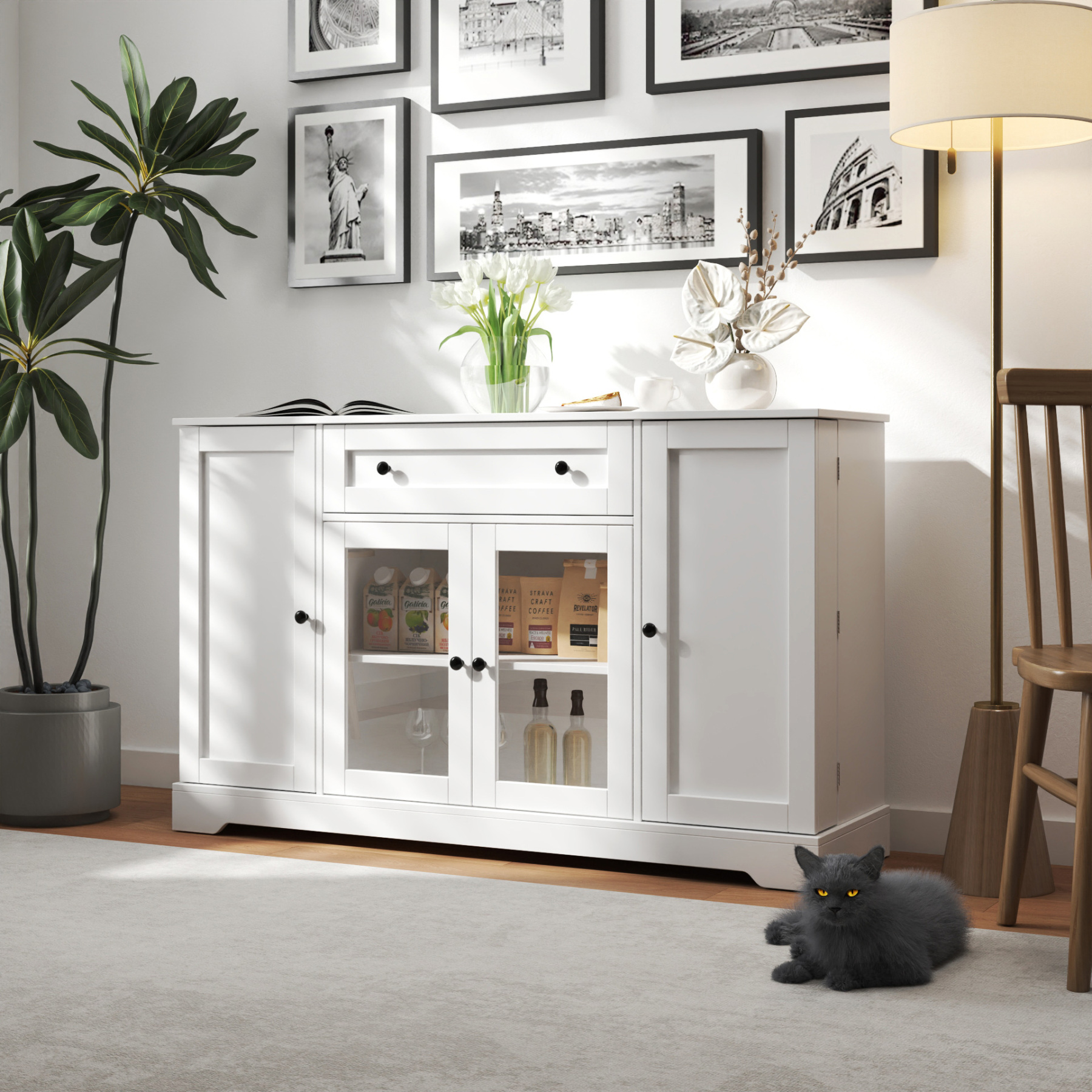 White Buffet Sideboard w/ Glass Doors & Adjustable Shelves for Kitchen, Dining Room, Living Room
