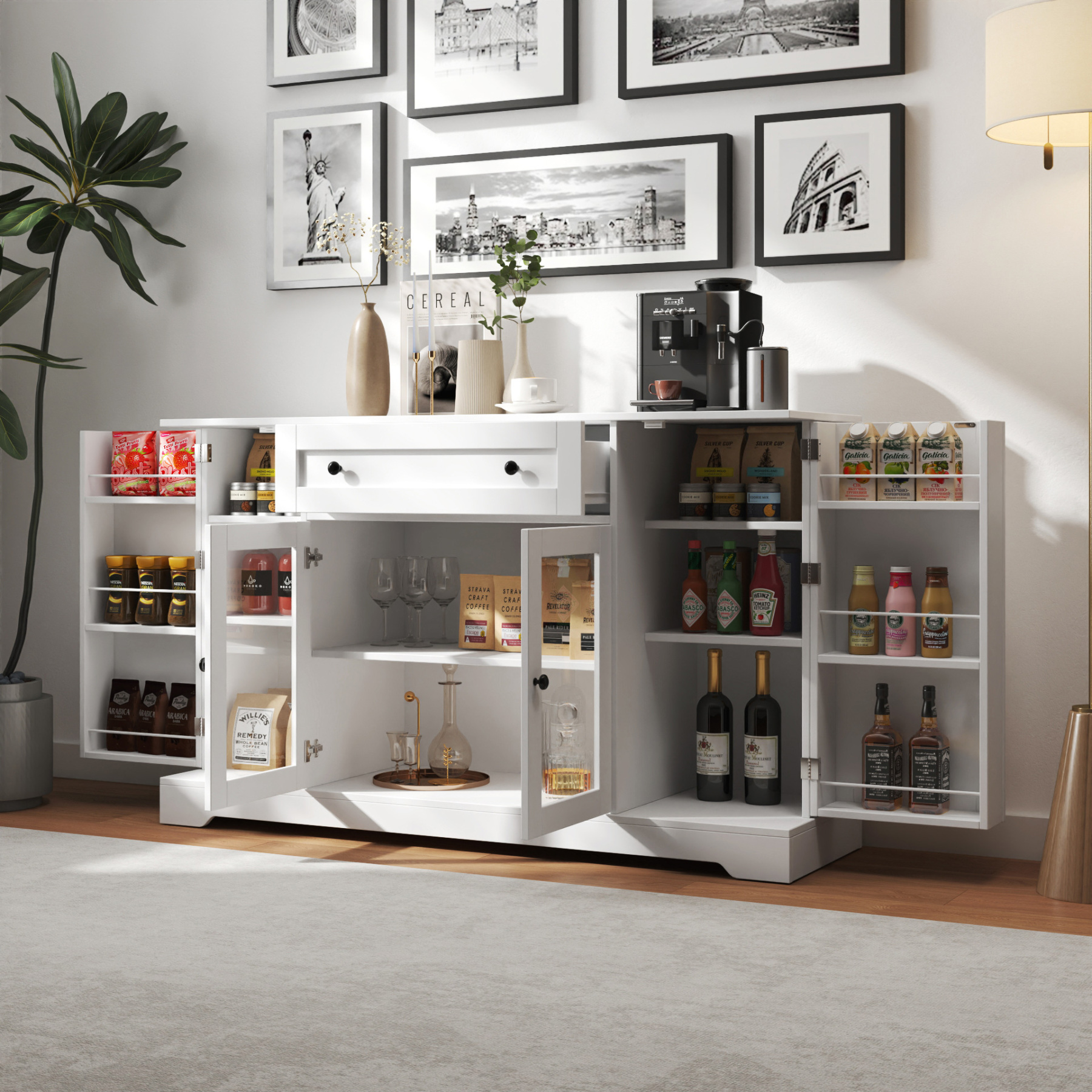 White Buffet Sideboard w/ Glass Doors & Adjustable Shelves for Kitchen, Dining Room, Living Room