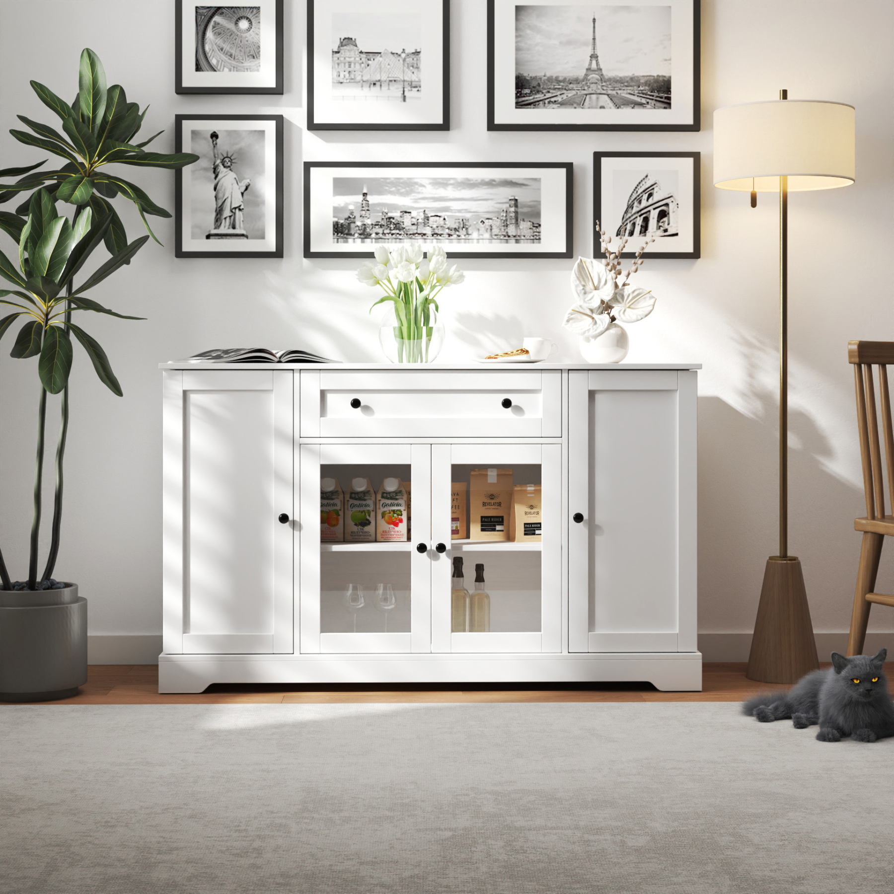 White Buffet Sideboard w/ Glass Doors & Adjustable Shelves for Kitchen, Dining Room, Living Room