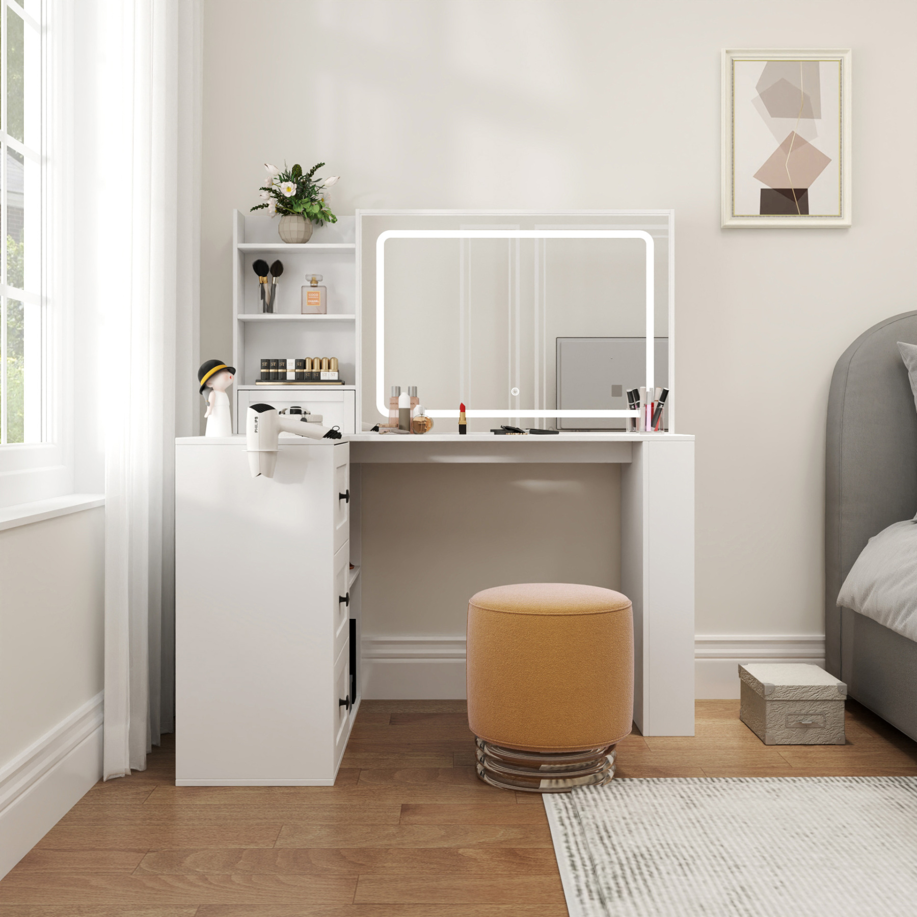 Modern White Vanity Desk with Adjustable LED Lighted Mirror, Drawers and Shelves 