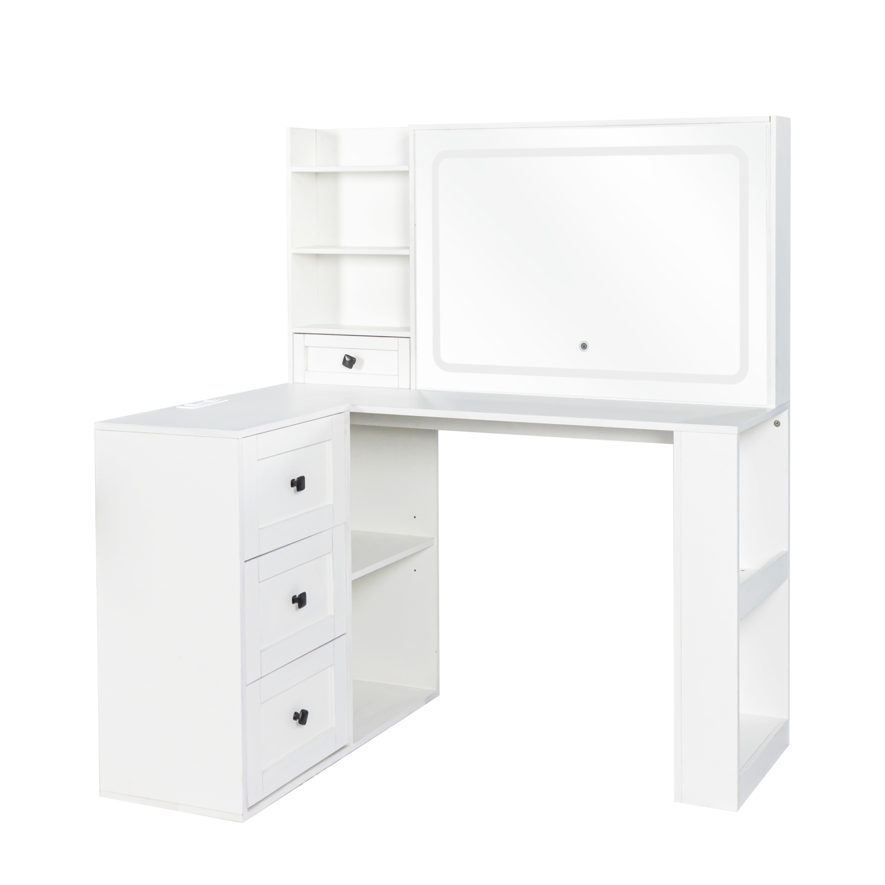 Modern White Vanity Desk with Adjustable LED Lighted Mirror, Drawers and Shelves 