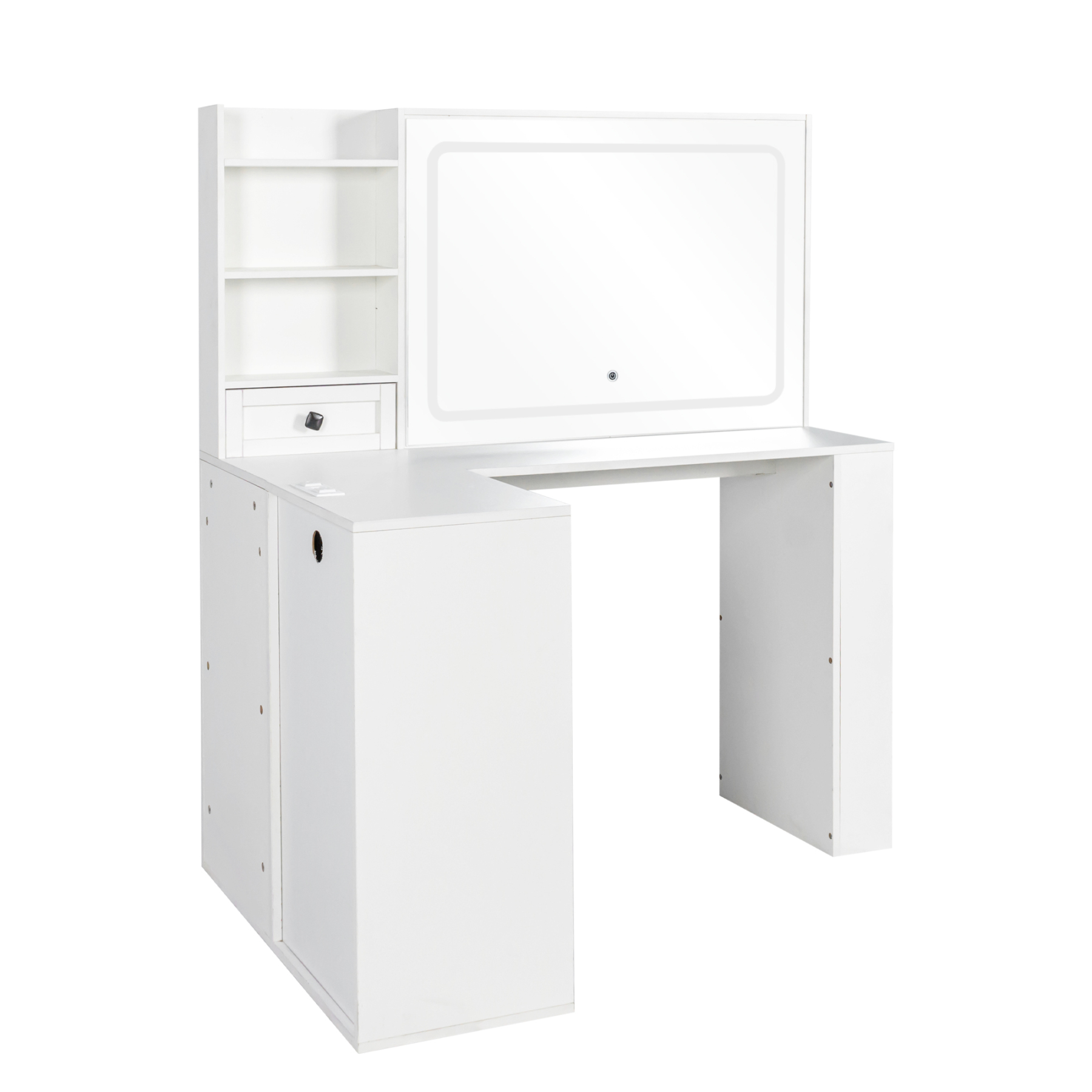 Modern White Vanity Desk with Adjustable LED Lighted Mirror, Drawers and Shelves 