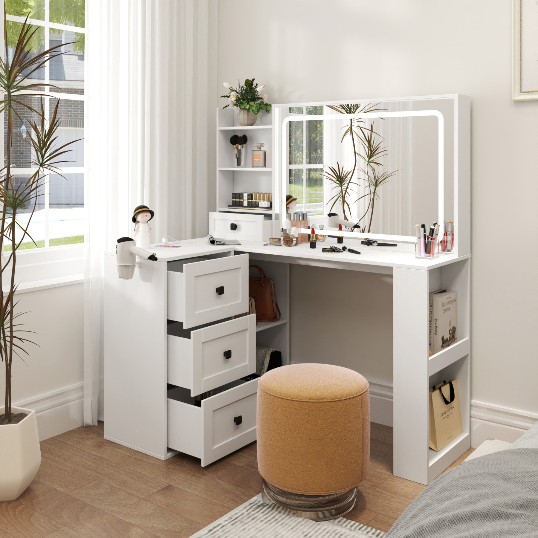 Modern White Vanity Desk with Adjustable LED Lighted Mirror, Drawers and Shelves