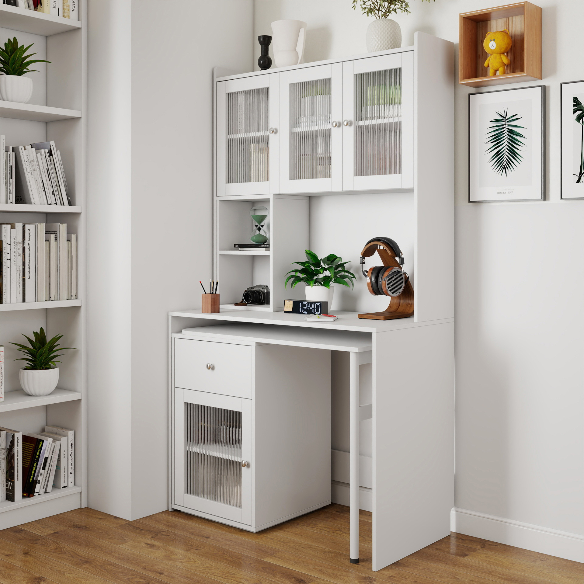 Multifunctional Rotating Computer Desk w/ Glass Door Cabinets, Shelves & Drawer
