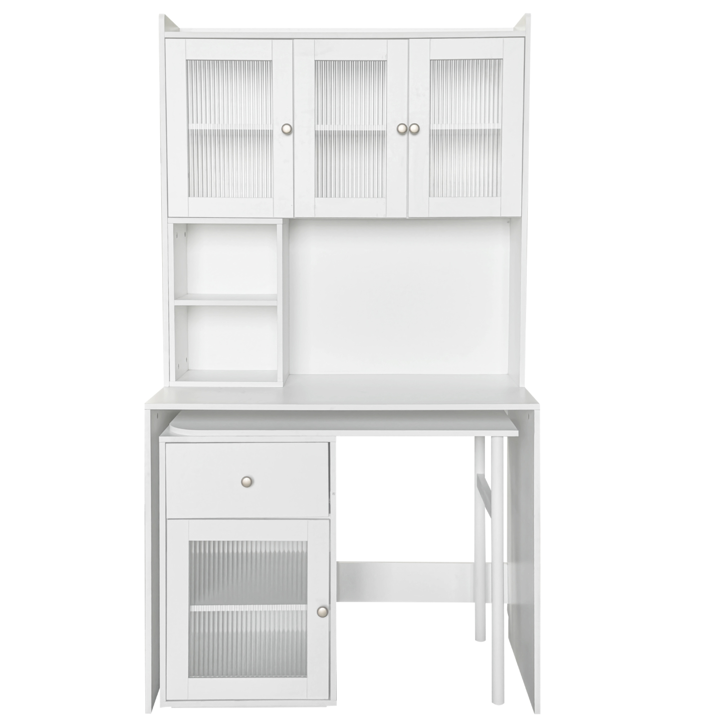 Multifunctional Rotating Computer Desk w/ Glass Door Cabinets, Shelves & Drawer