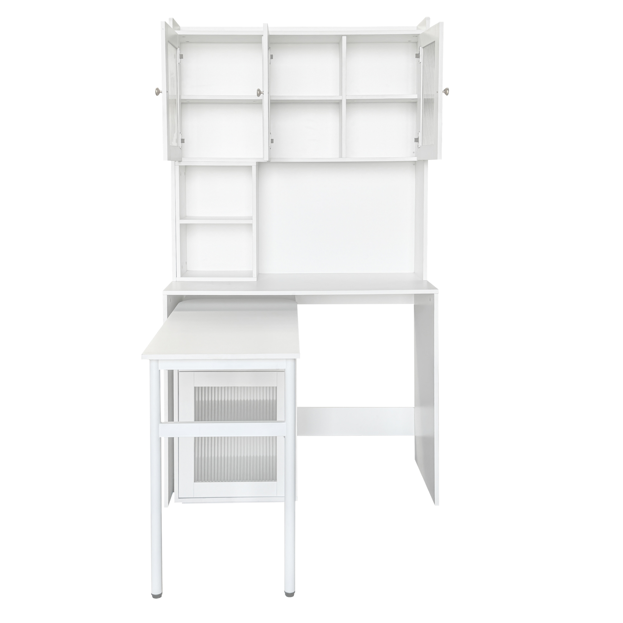 Multifunctional Rotating Computer Desk w/ Glass Door Cabinets, Shelves & Drawer