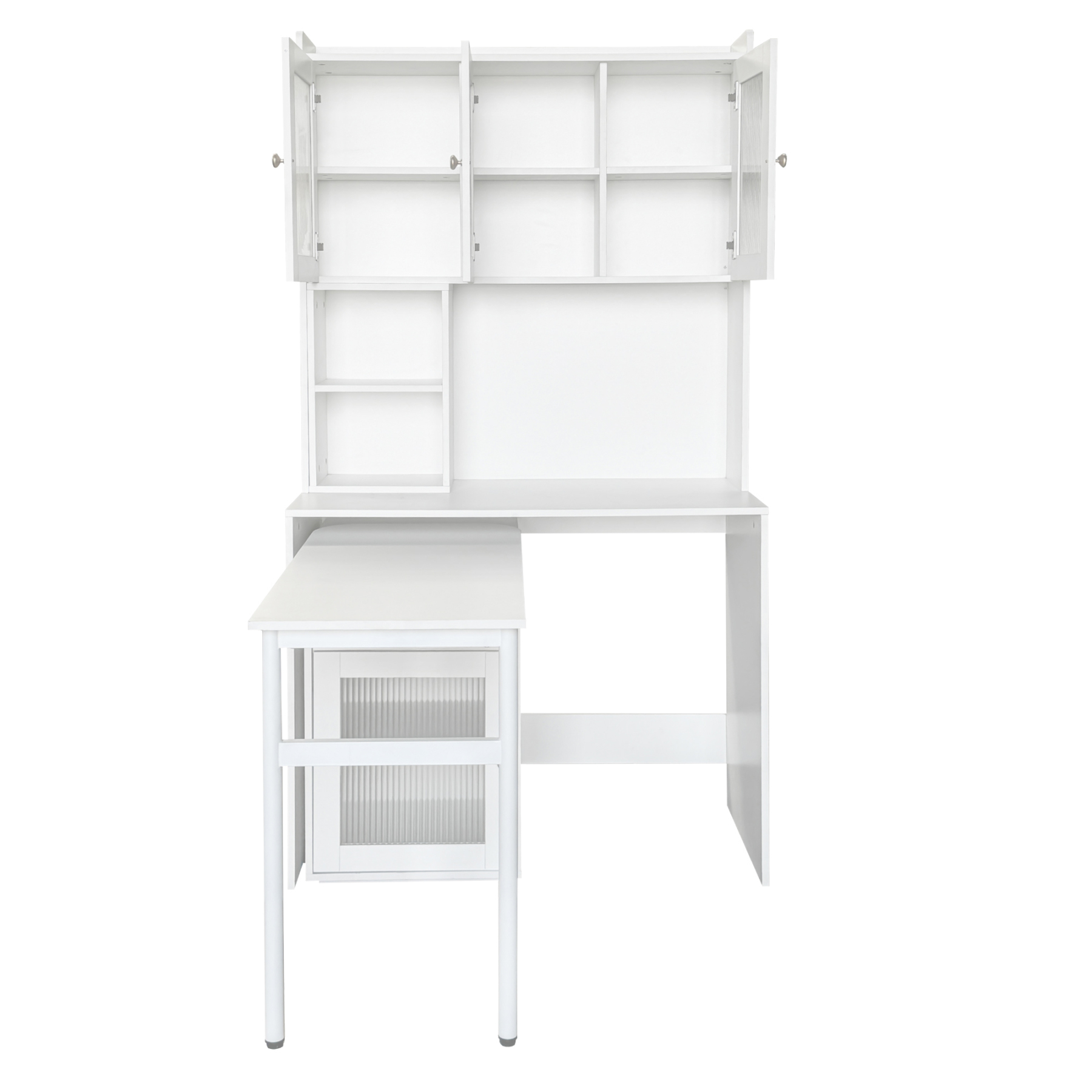 Multifunctional Rotating Computer Desk w/ Glass Door Cabinets, Shelves & Drawer