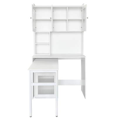 Multifunctional Rotating Computer Desk w/ Glass Door Cabinets, Shelves & Drawer