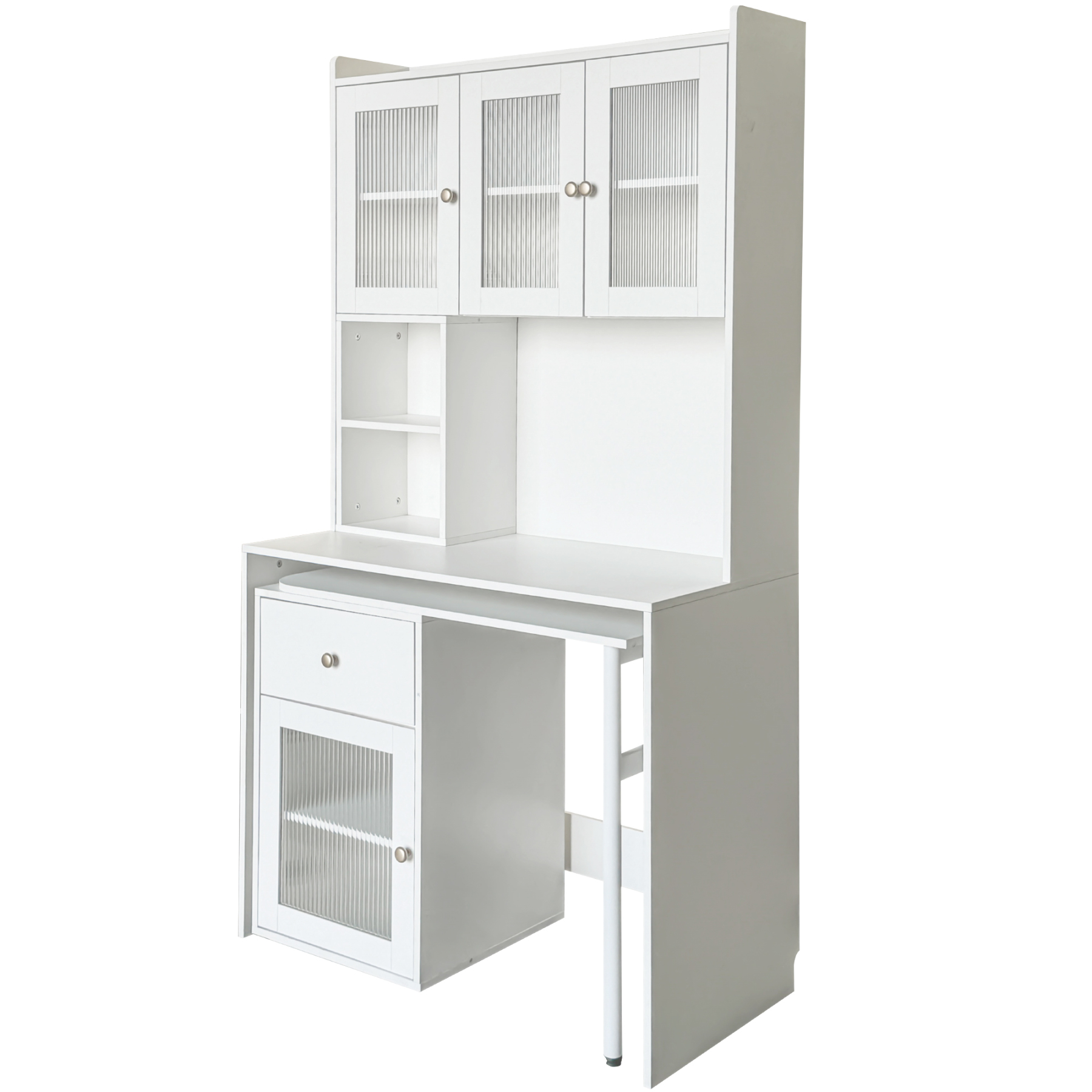 Multifunctional Rotating Computer Desk w/ Glass Door Cabinets, Shelves & Drawer