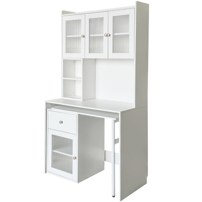 Multifunctional Rotating Computer Desk w/ Glass Door Cabinets, Shelves & Drawer