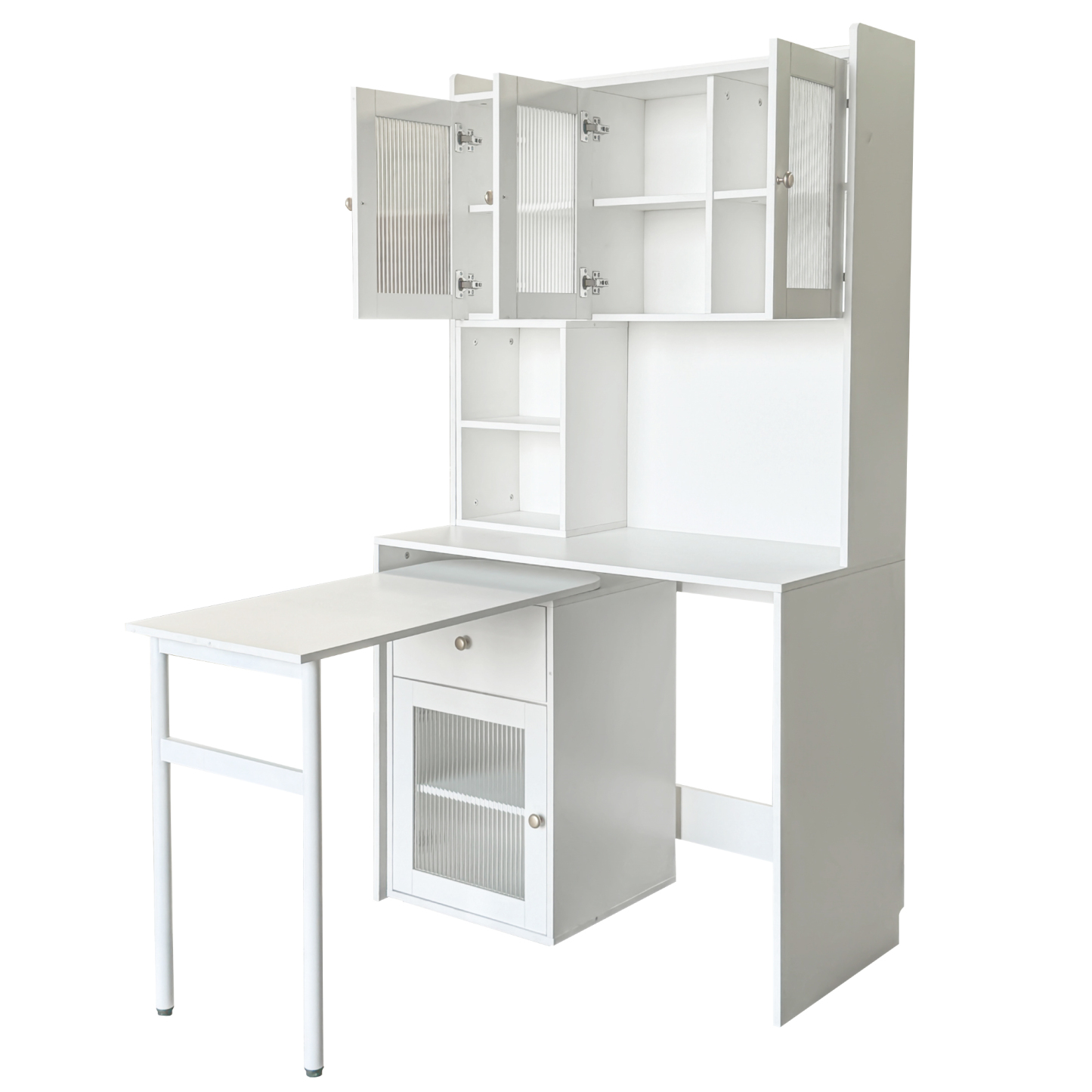 Multifunctional Rotating Computer Desk w/ Glass Door Cabinets, Shelves & Drawer