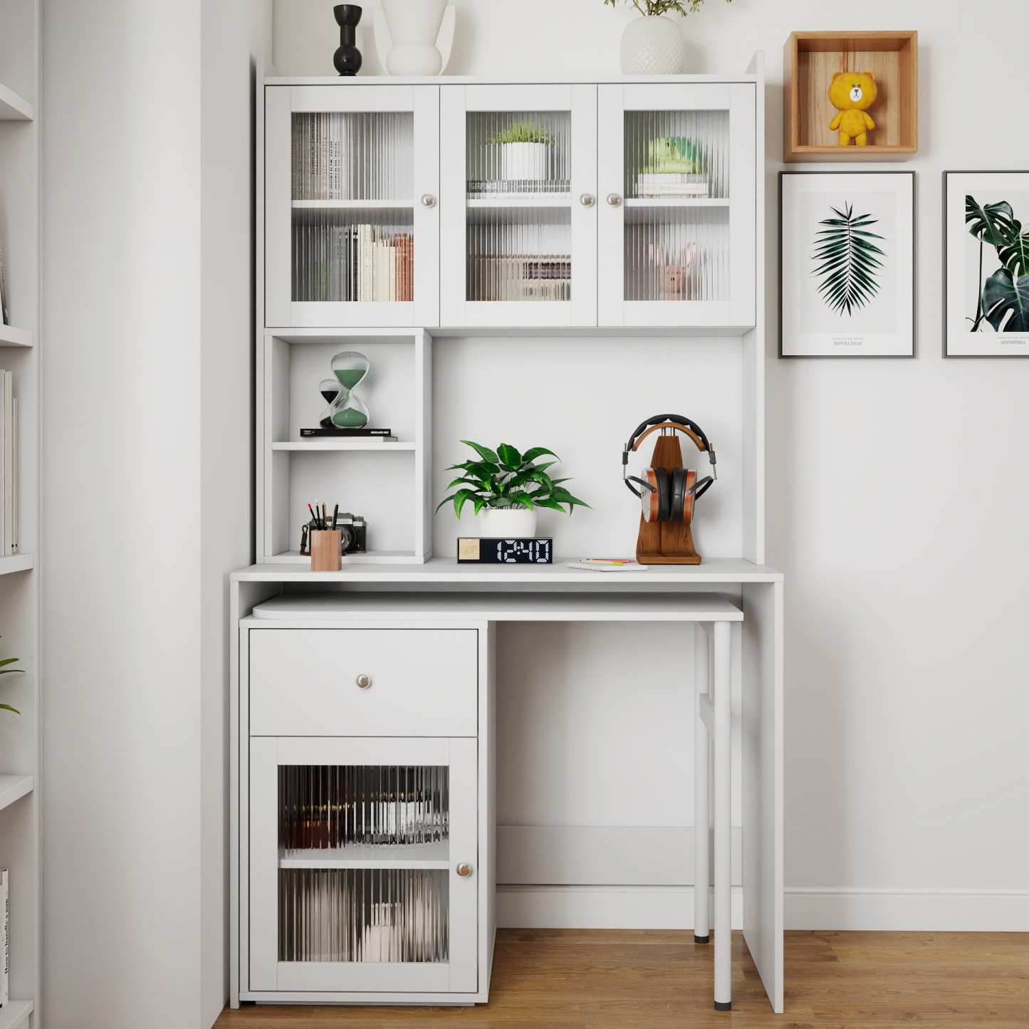 Multifunctional Rotating Computer Desk w/ Glass Door Cabinets, Shelves & Drawer