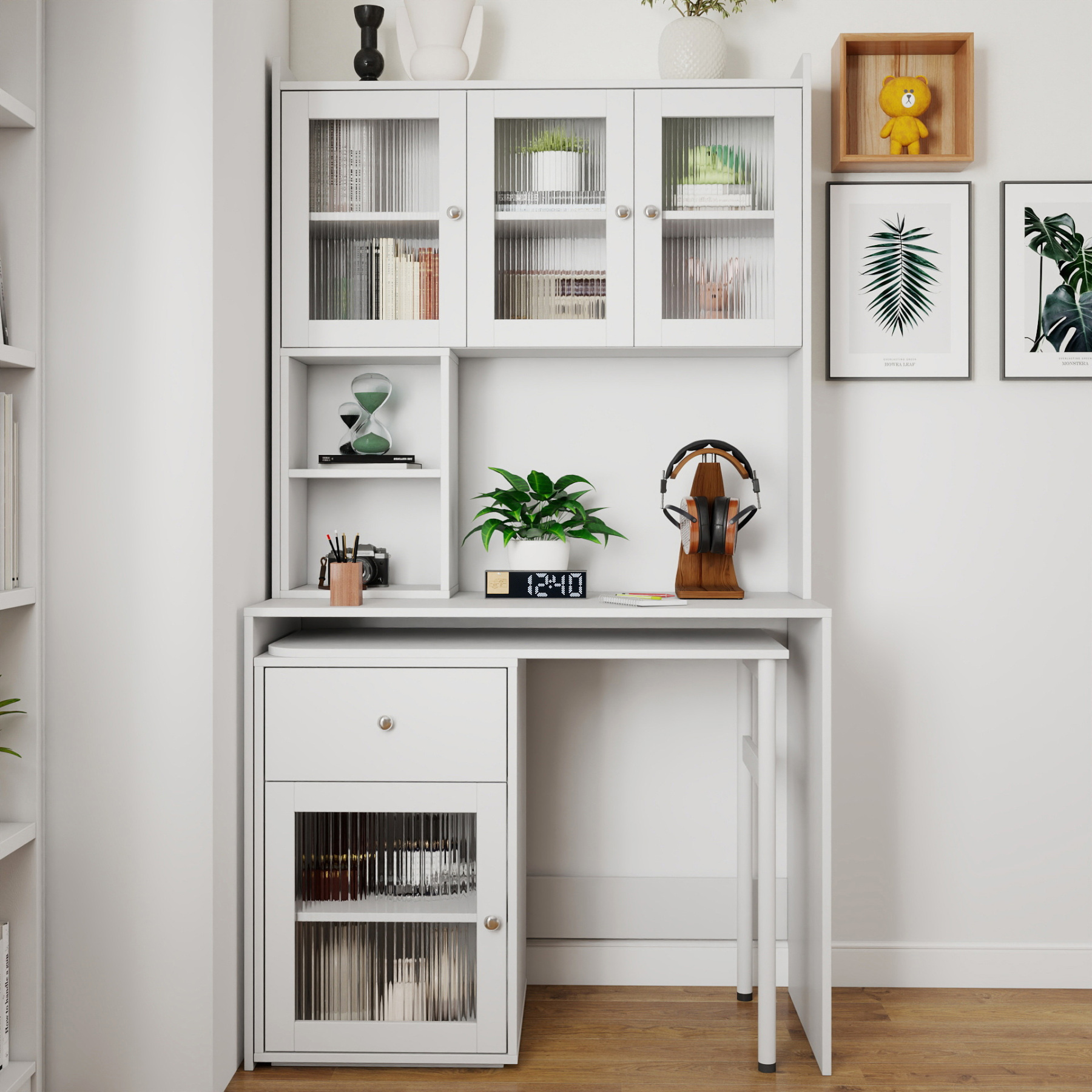 Multifunctional Rotating Computer Desk w/ Glass Door Cabinets, Shelves & Drawer