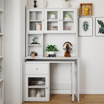 Multifunctional Rotating Computer Desk w/ Glass Door Cabinets, Shelves & Drawer