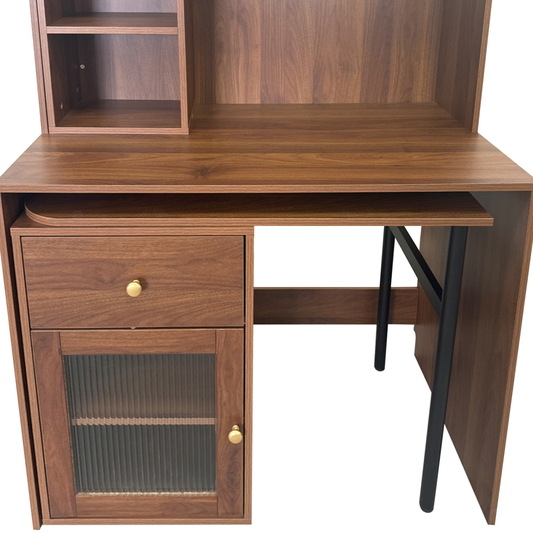 Multifunctional Rotating Computer Desk w/ Glass Door Cabinets, Shelves & Drawer
