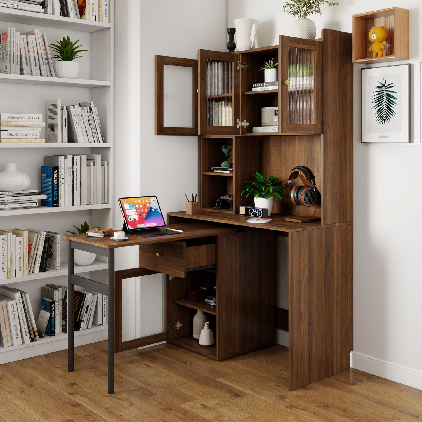 Multifunctional Rotating Computer Desk w/ Glass Door Cabinets, Shelves & Drawer