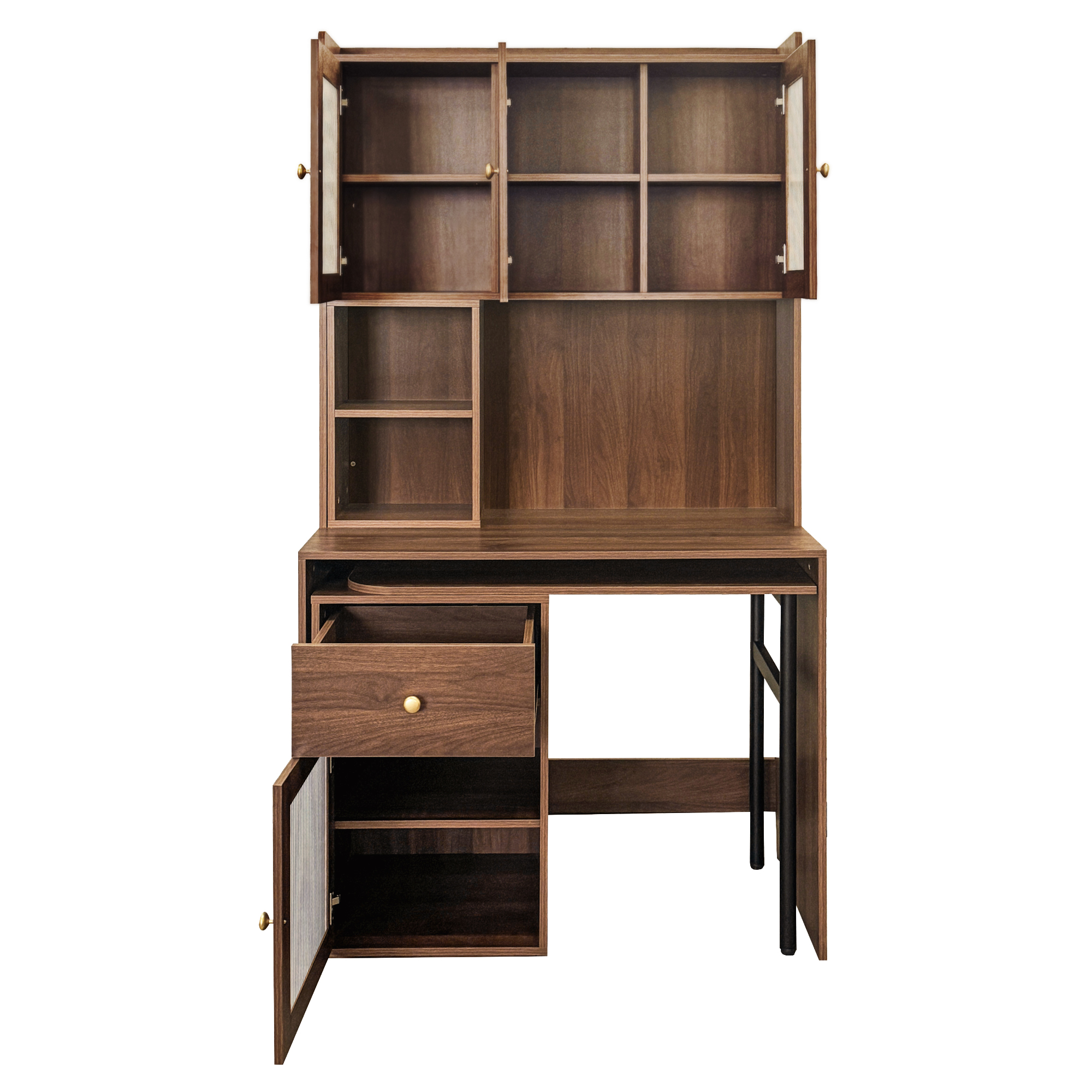 Multifunctional Computer Desk w/ Glass Door Cabinets, Shelves & Drawer