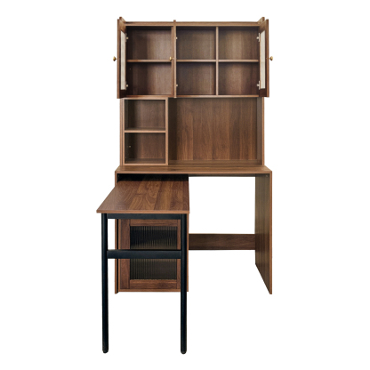 Multifunctional Computer Desk w/ Glass Door Cabinets, Shelves & Drawer