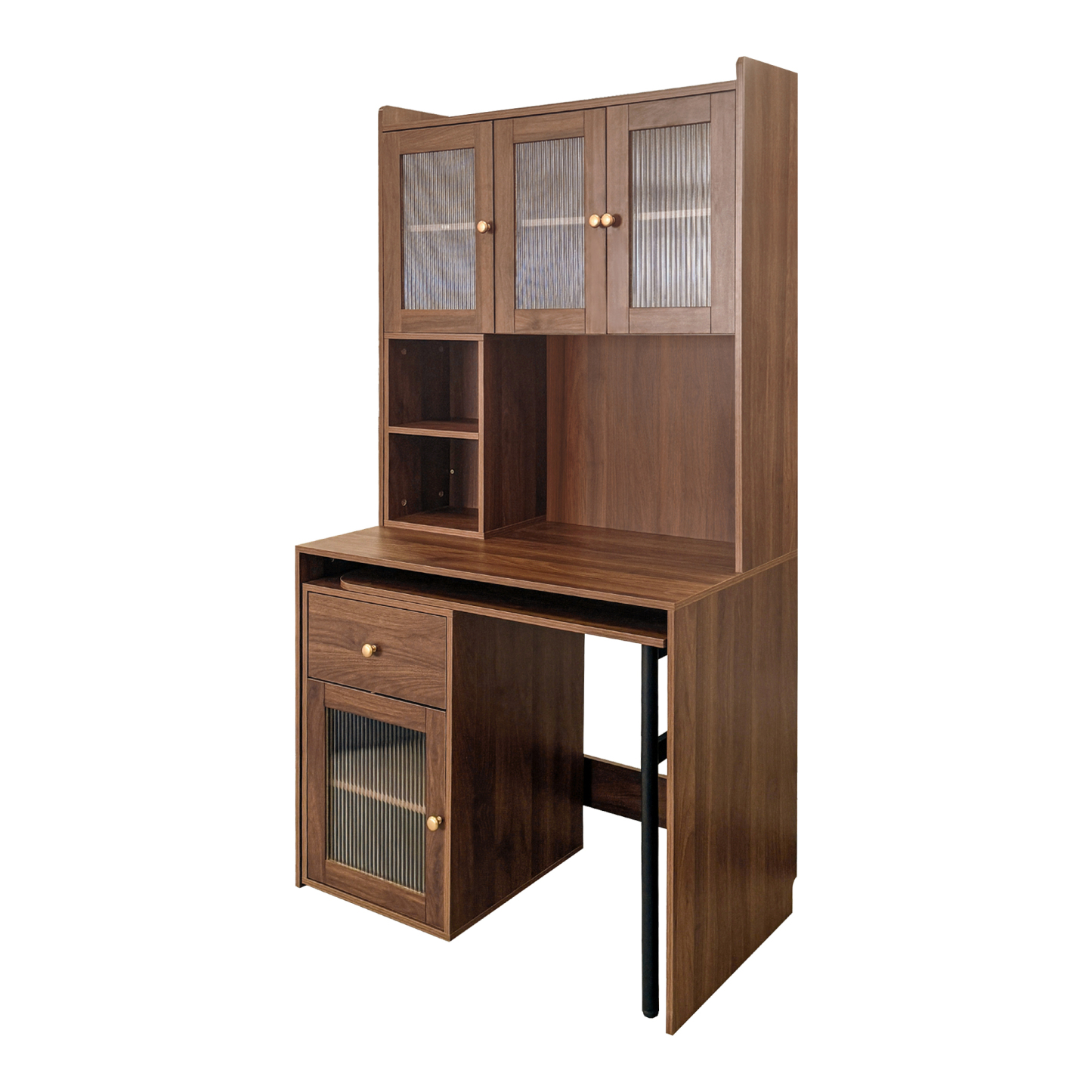 Multifunctional Computer Desk w/ Glass Door Cabinets, Shelves & Drawer