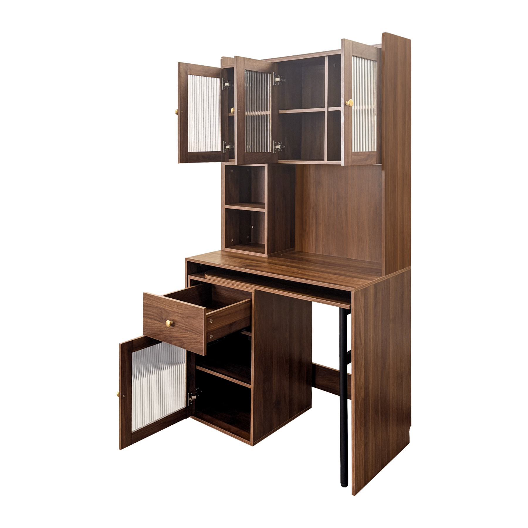 Multifunctional Computer Desk w/ Glass Door Cabinets, Shelves & Drawer