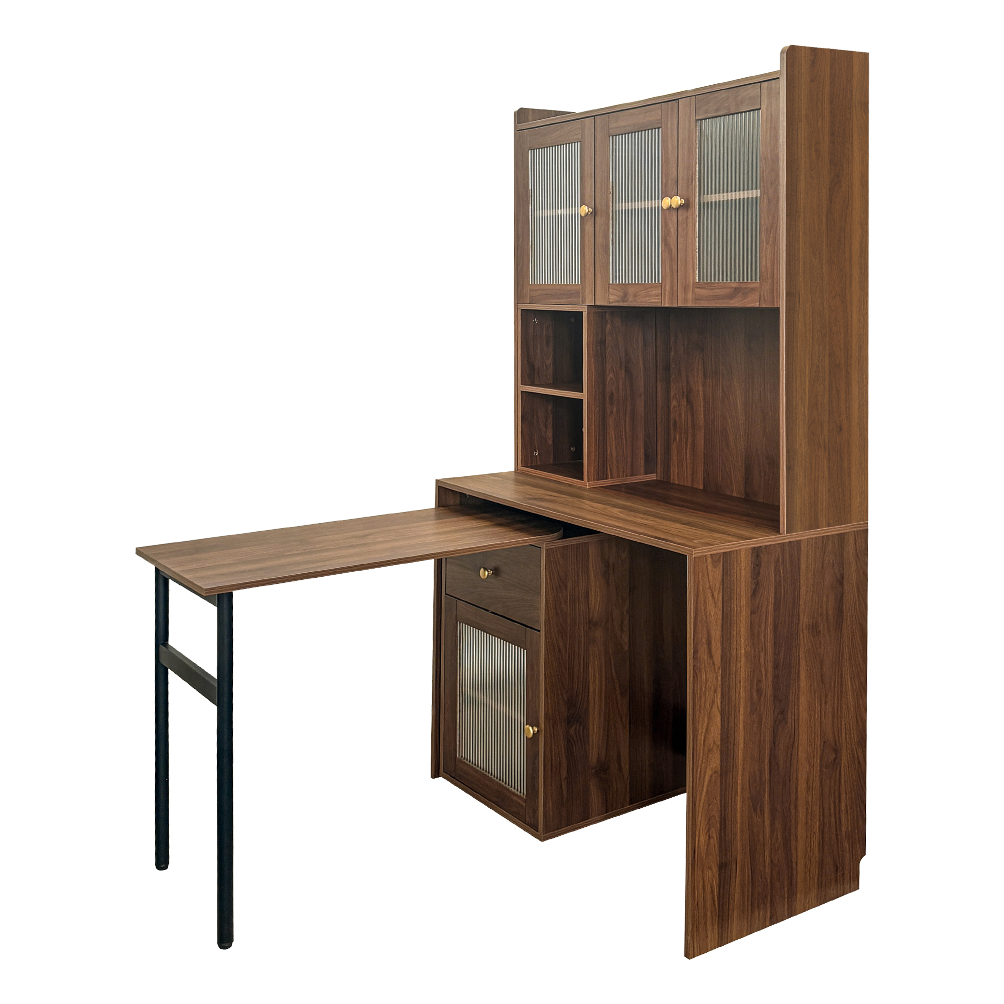 Multifunctional Computer Desk w/ Glass Door Cabinets, Shelves & Drawer