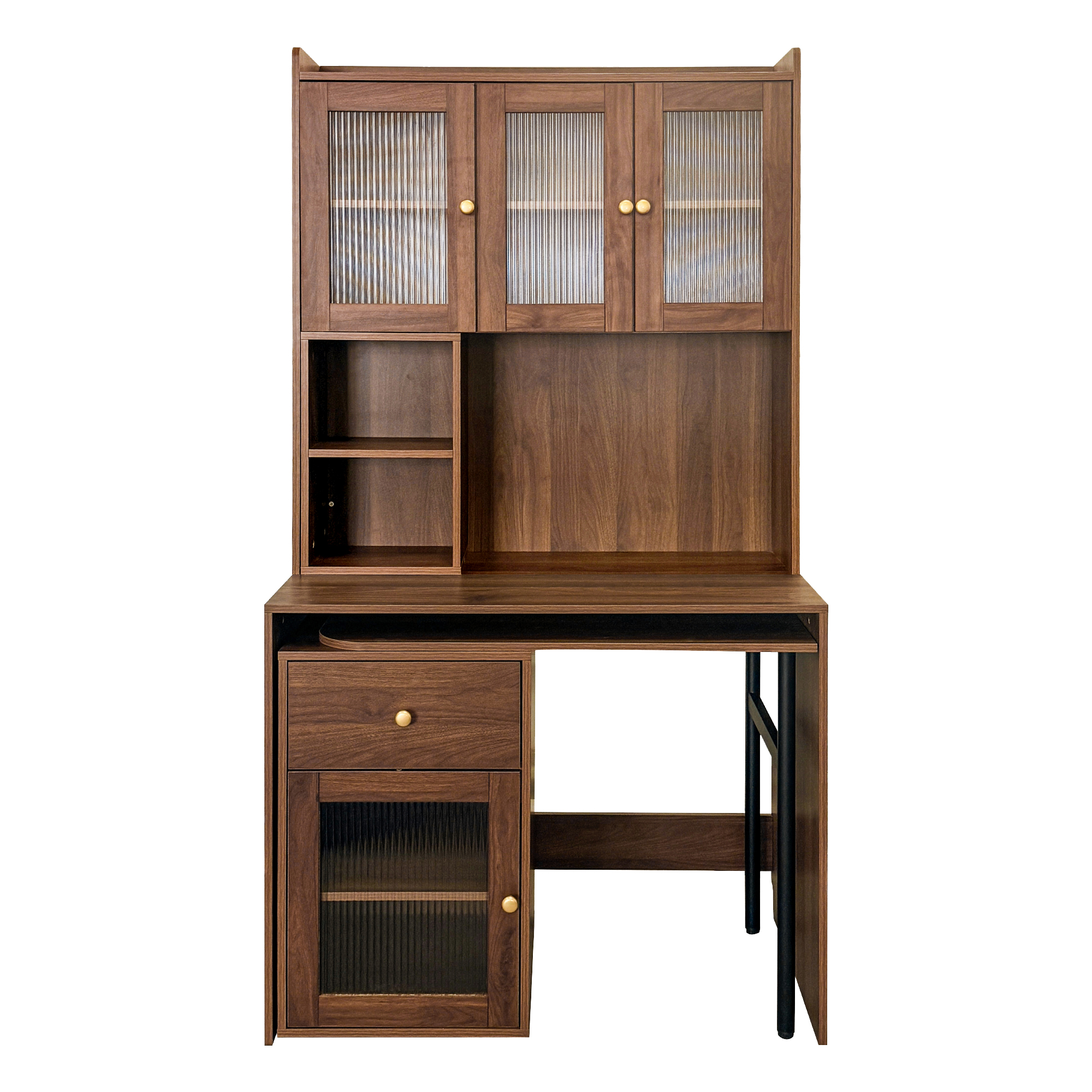 Multifunctional Computer Desk w/ Glass Door Cabinets, Shelves & Drawer