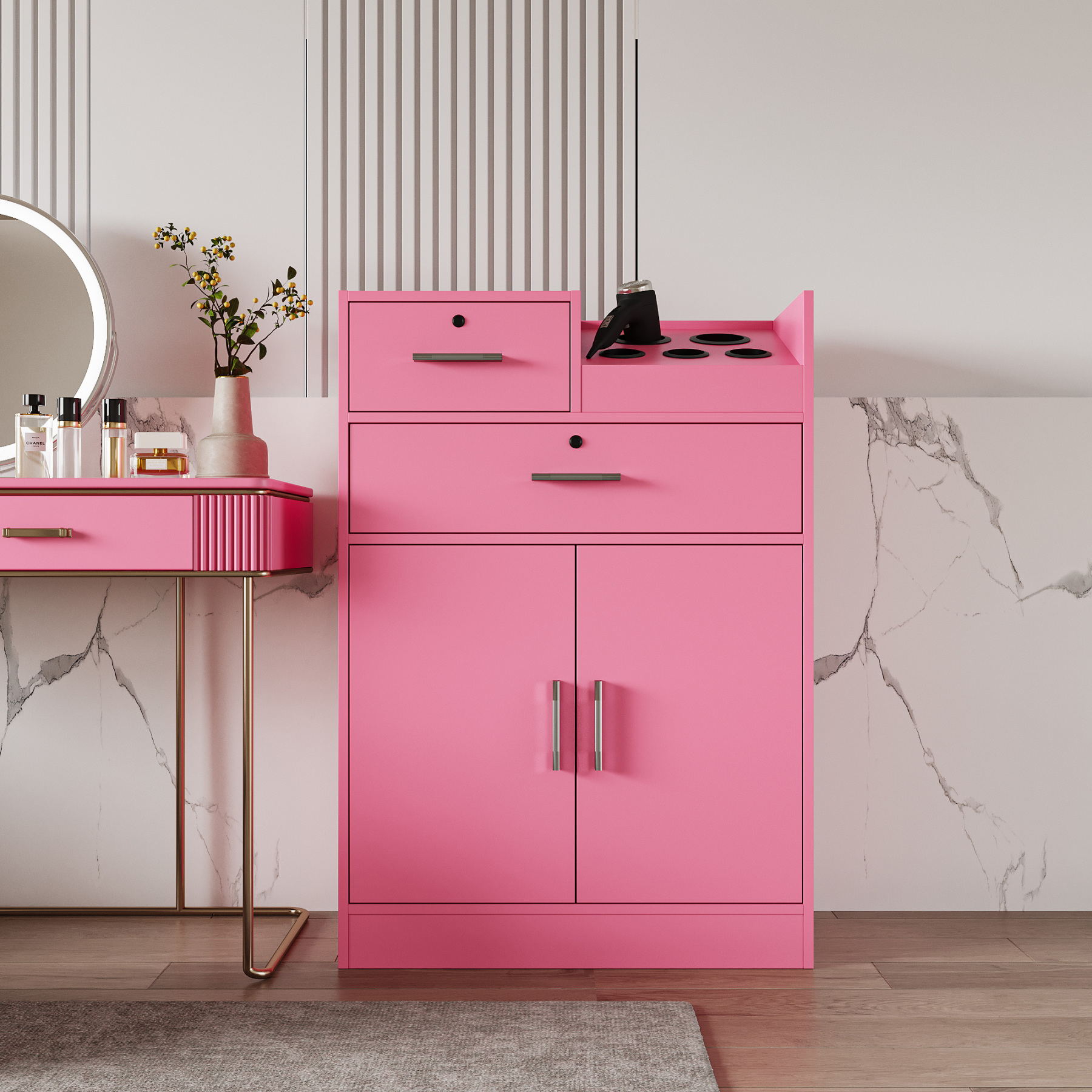 Locking Storage Cabinet with 2 Drawers and Hair Dryer Holders | Salon Station
