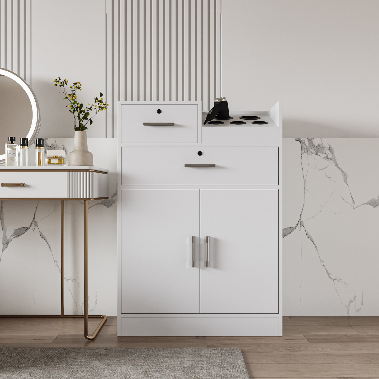 Locking Storage Cabinet with 2 Drawers and Hair Dryer Holders | Salon Station
