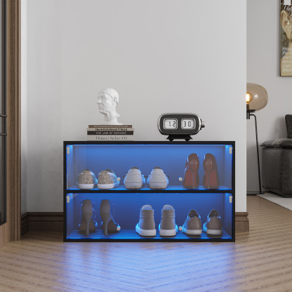 2 Tier Shoe Cabinet with Glass Door Led Light Modular Design JOYSOURCE