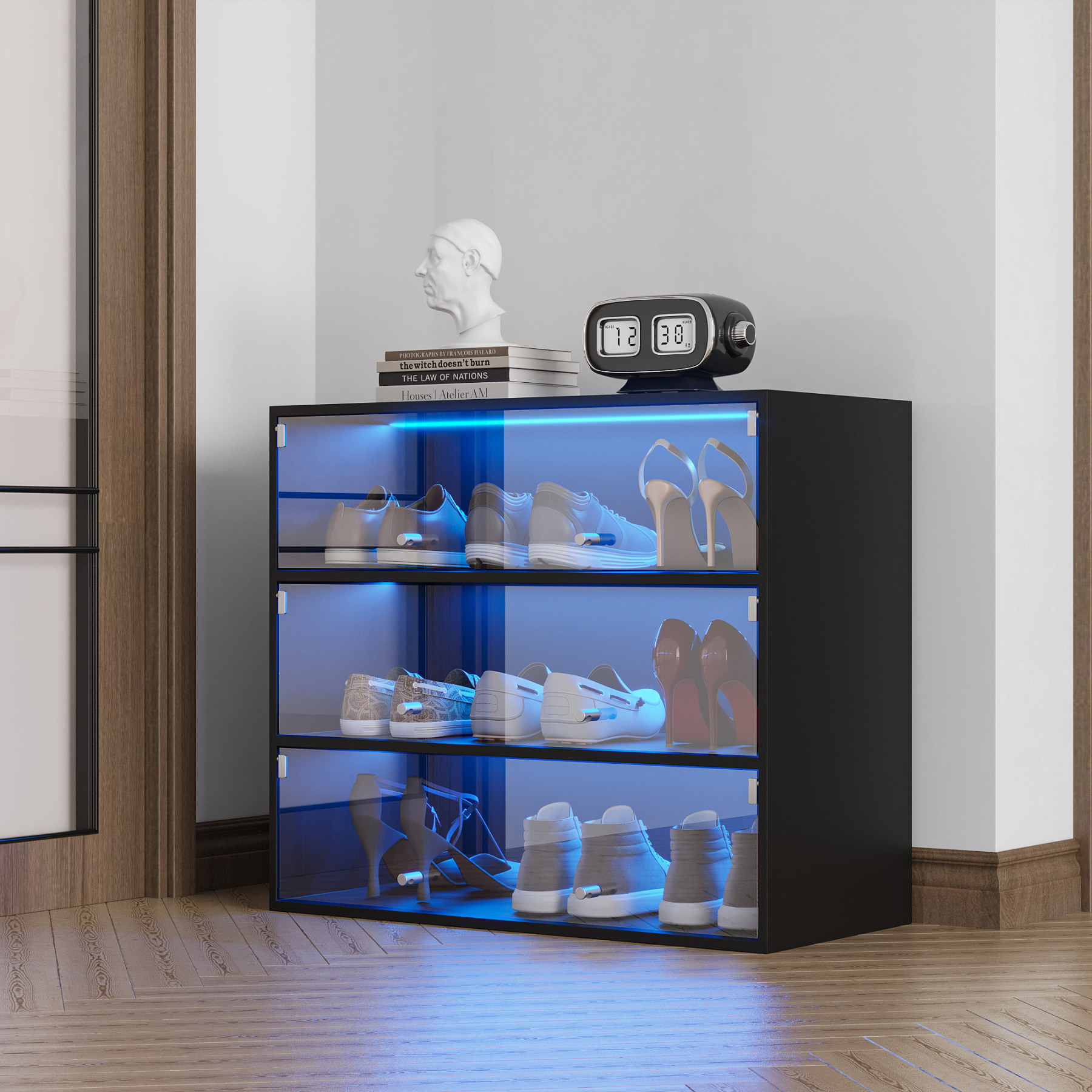 Glass Door Shoe Cabinet with RGB Led Light | 3 Tiers Shoe Box