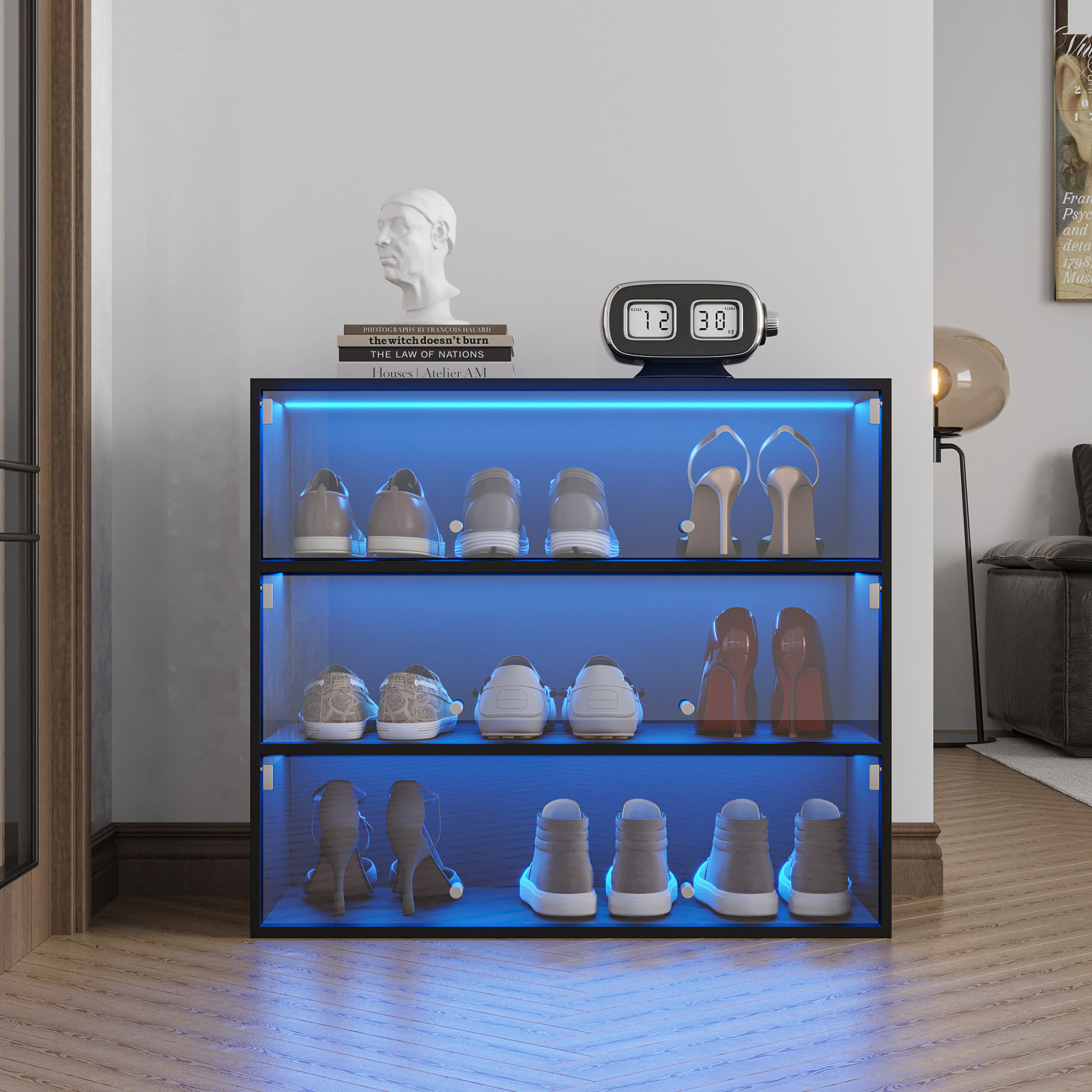Glass Door Shoe Cabinet with RGB Led Light | 3 Tiers Shoe Box
