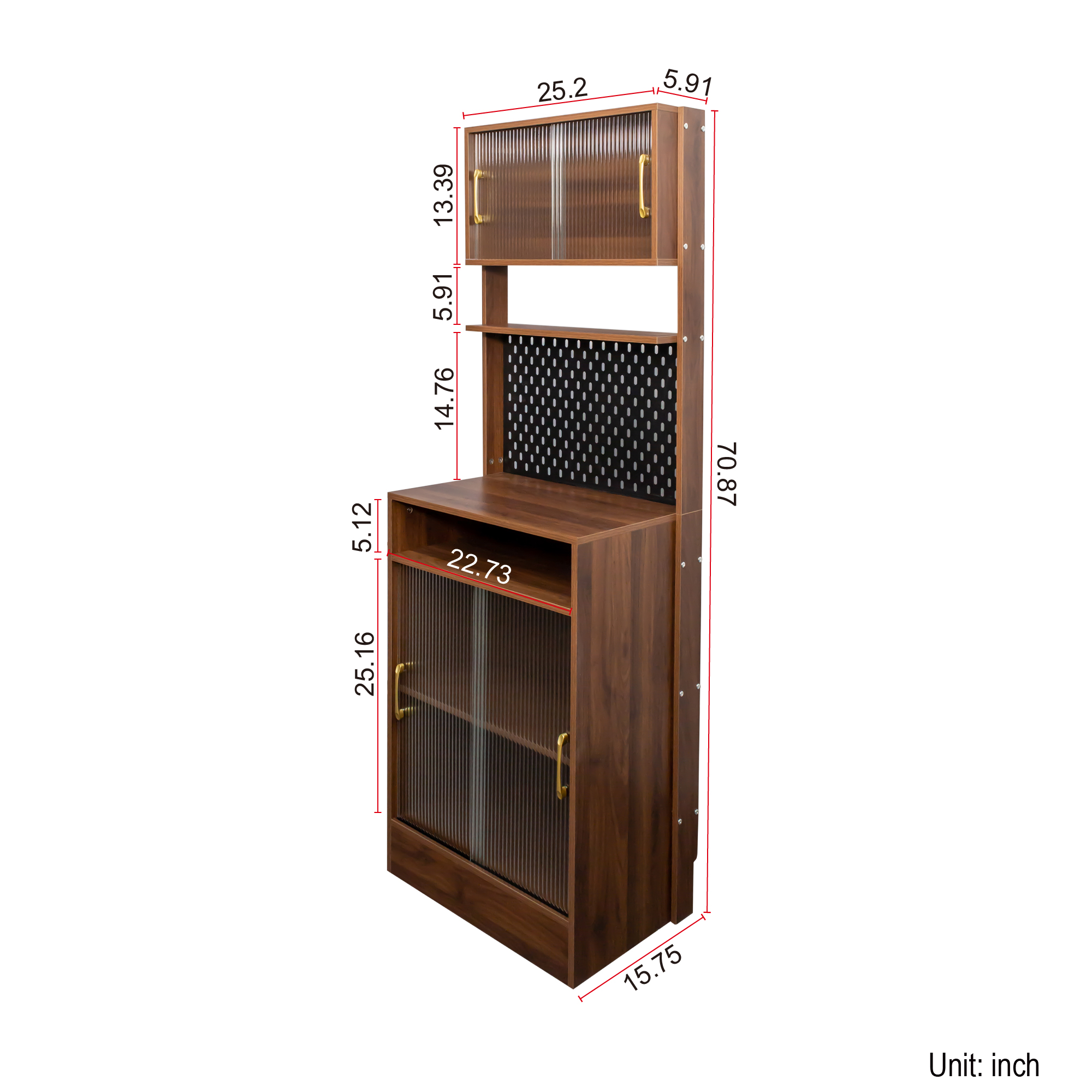 Narrow Kitchen Pantry Cabinet with Sliding Glass Doors, Pegboard & Shelves