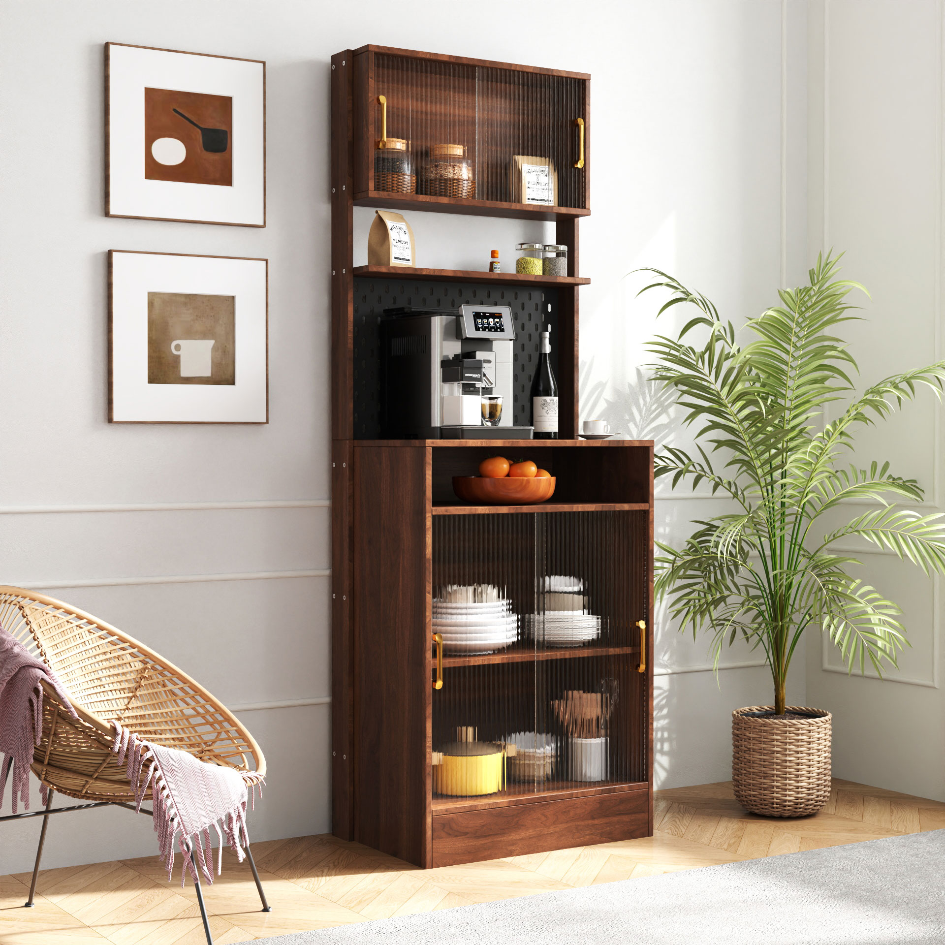 Narrow Kitchen Pantry Cabinet with Sliding Glass Doors, Pegboard & Shelves