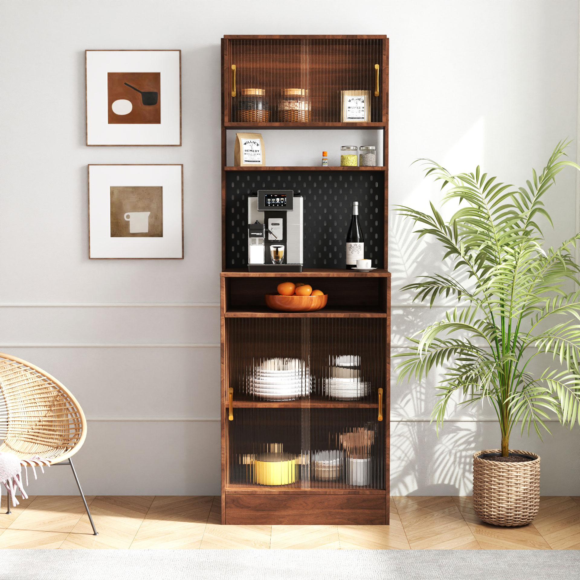 Narrow Kitchen Pantry Cabinet with Sliding Glass Doors, Pegboard & Shelves