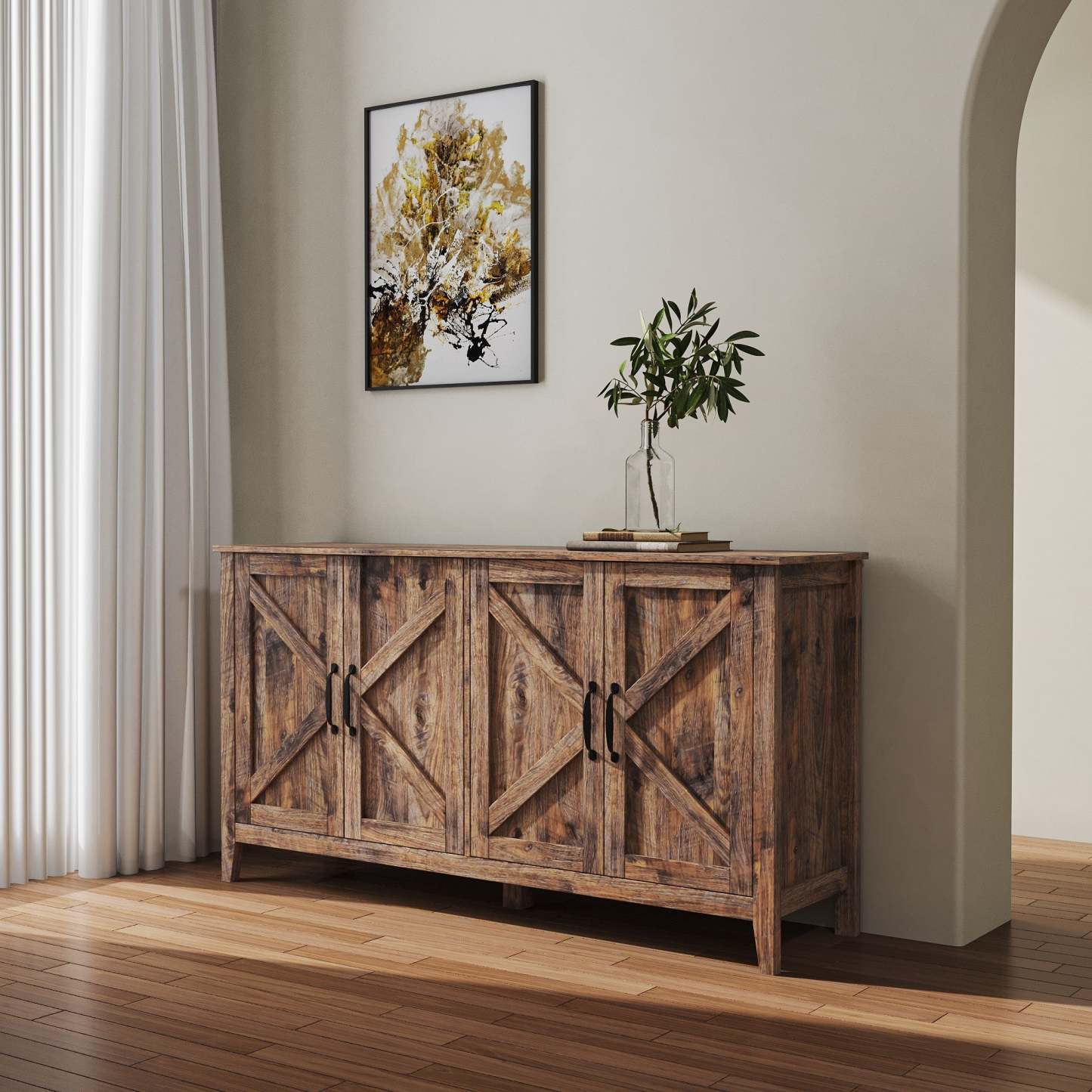 60" Modern Storage Cabinet & Sideboard with 4 Doors and 4 Open Shelves