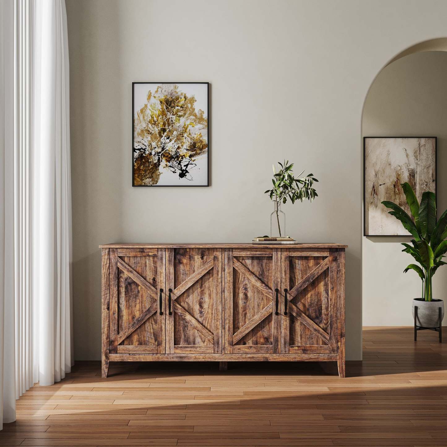 60" Modern Storage Cabinet & Sideboard with 4 Doors and 4 Open Shelves