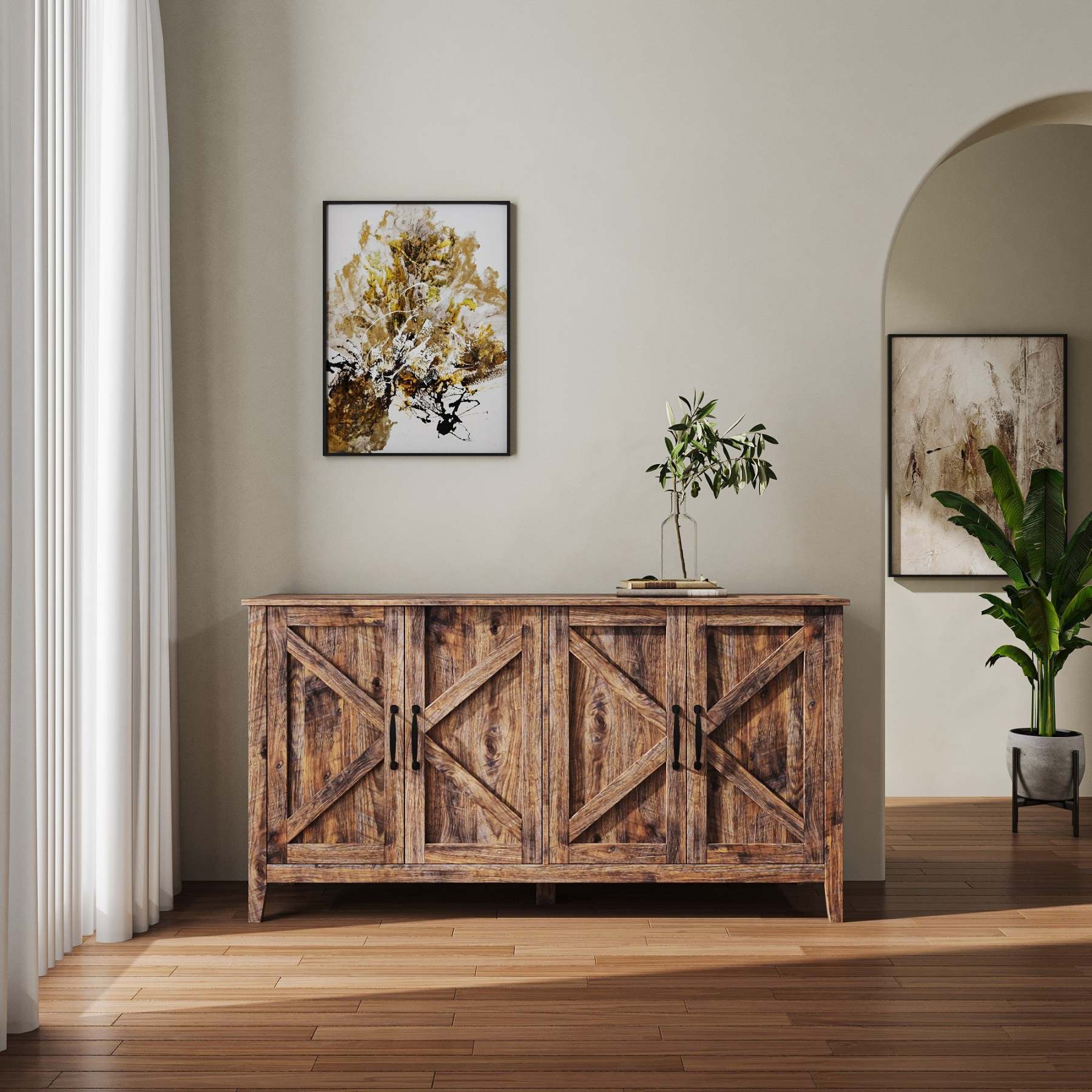 60" Modern Storage Cabinet & Sideboard with 4 Doors and 4 Open Shelves