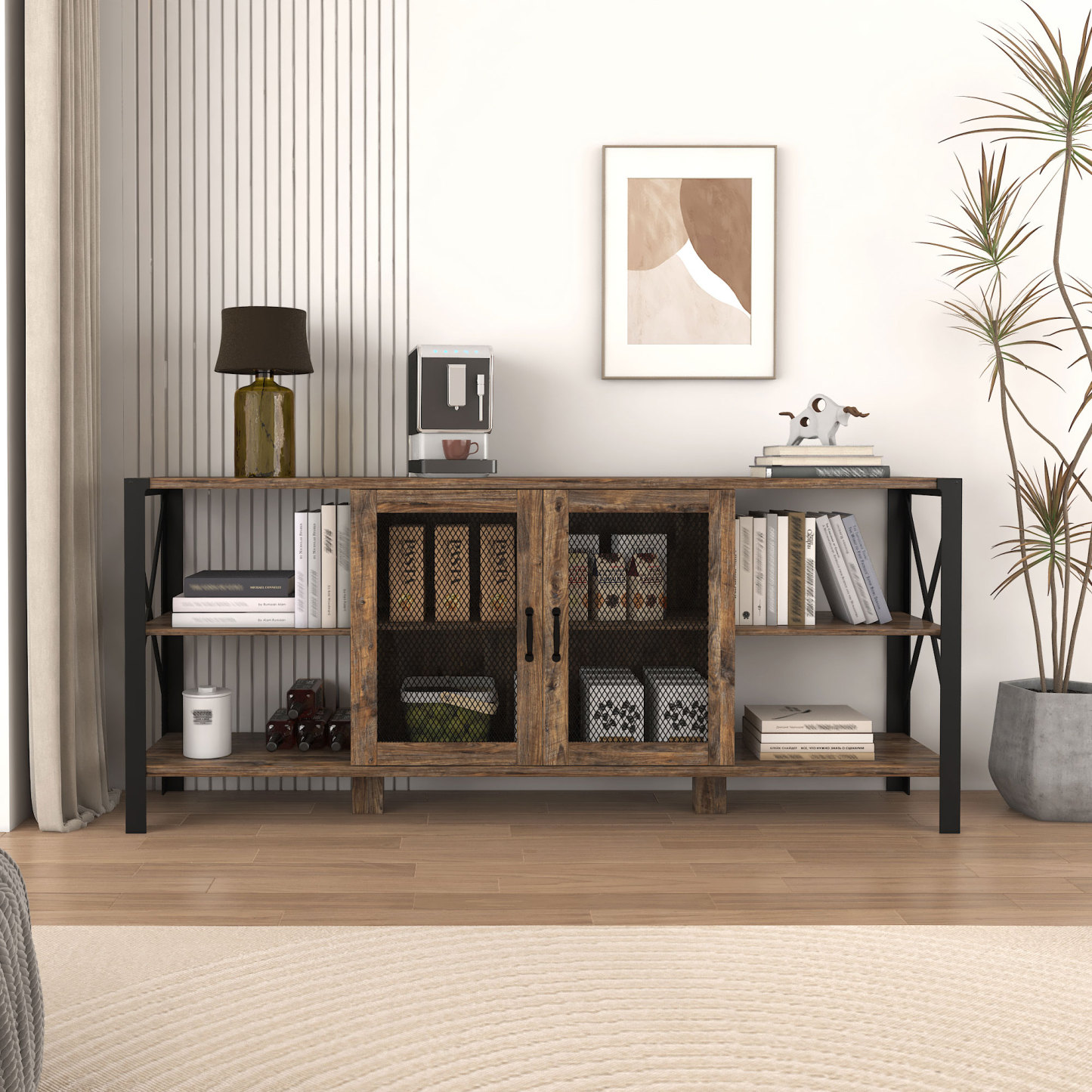 71" Industrial TV Stand with Doors and Open Shelves for Living room, Bedroom