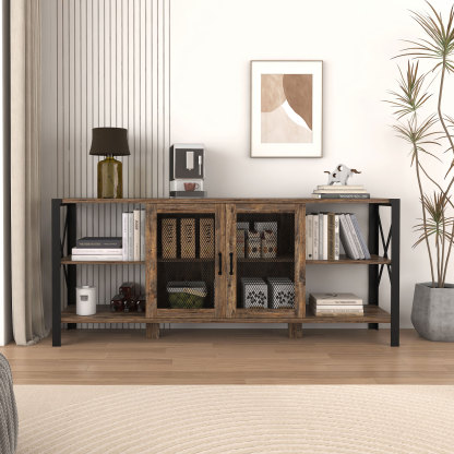 71" Industrial TV Stand with Doors and Open Shelves for Living room, Bedroom