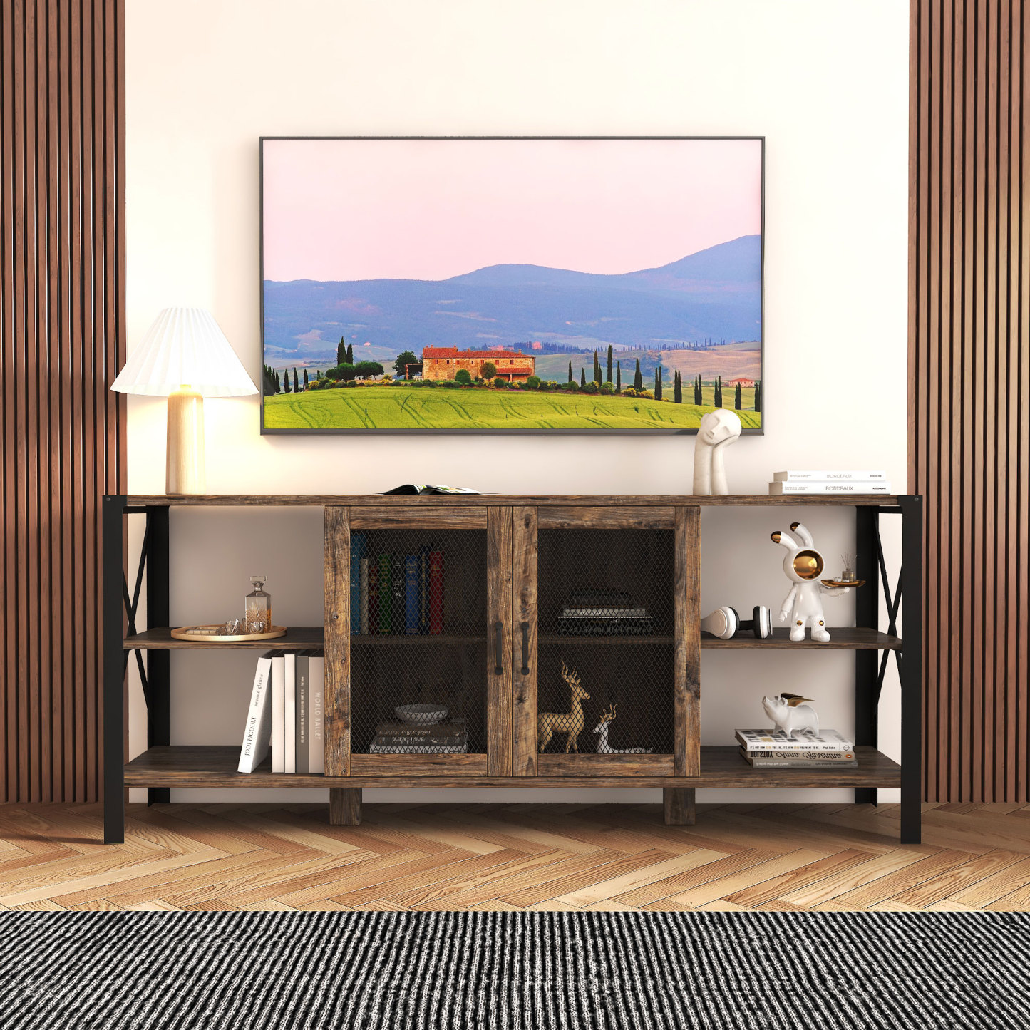 71" Industrial TV Stand with Doors and Open Shelves for Living room, Bedroom