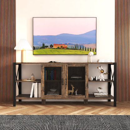 71" Industrial TV Stand with Doors and Open Shelves for Living room, Bedroom