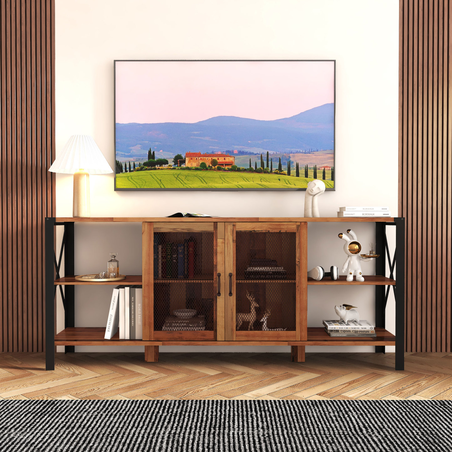 71" Industrial TV Stand with Doors and Open Shelves for Living room, Bedroom
