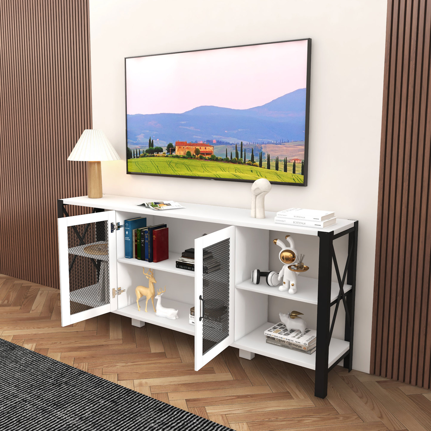 71" Industrial TV Stand with Doors and Open Shelves for Living room, Bedroom