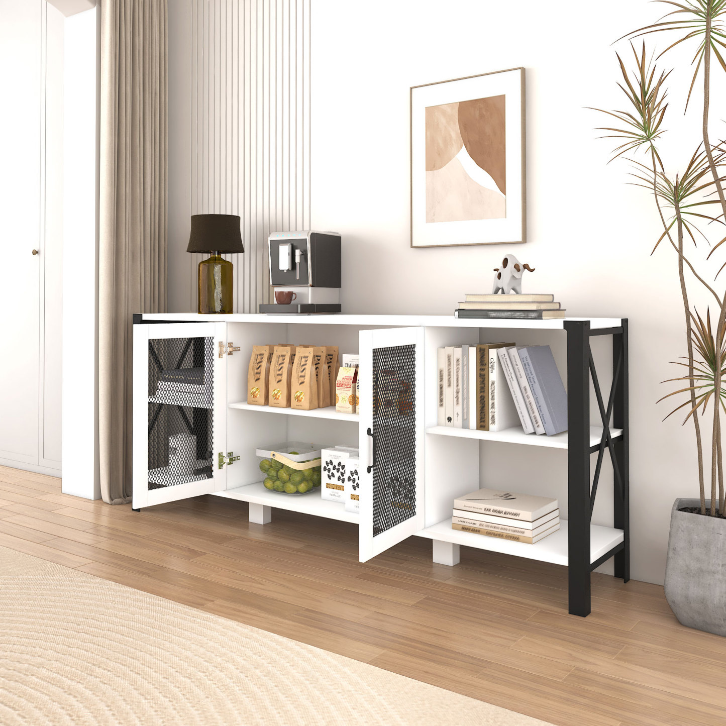 71" Industrial TV Stand with Doors and Open Shelves for Living room, Bedroom