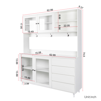 63" W Large Kitchen Cabinet with Hutch, 4 Doors, 4 Drawers & Microwave Shelf