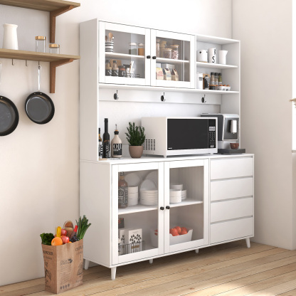 63" W Large Kitchen Cabinet with Hutch, 4 Doors, 4 Drawers & Microwave Shelf