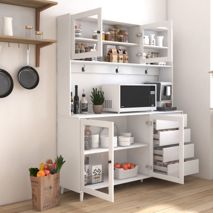 63" W Large Kitchen Cabinet with Hutch, 4 Doors, 4 Drawers & Microwave Shelf
