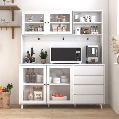 63" W Large Kitchen Cabinet with Hutch, 4 Doors, 4 Drawers & Microwave Shelf