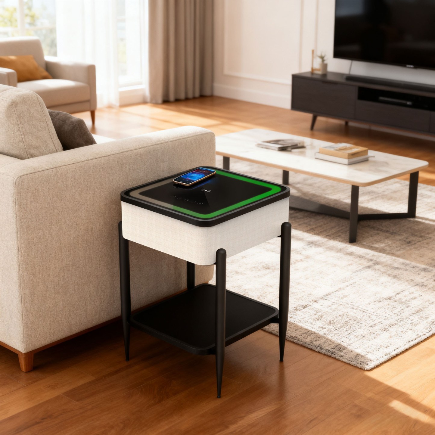 Smart Side Table with Built-in Bluetooth Speaker & Wireless Charging