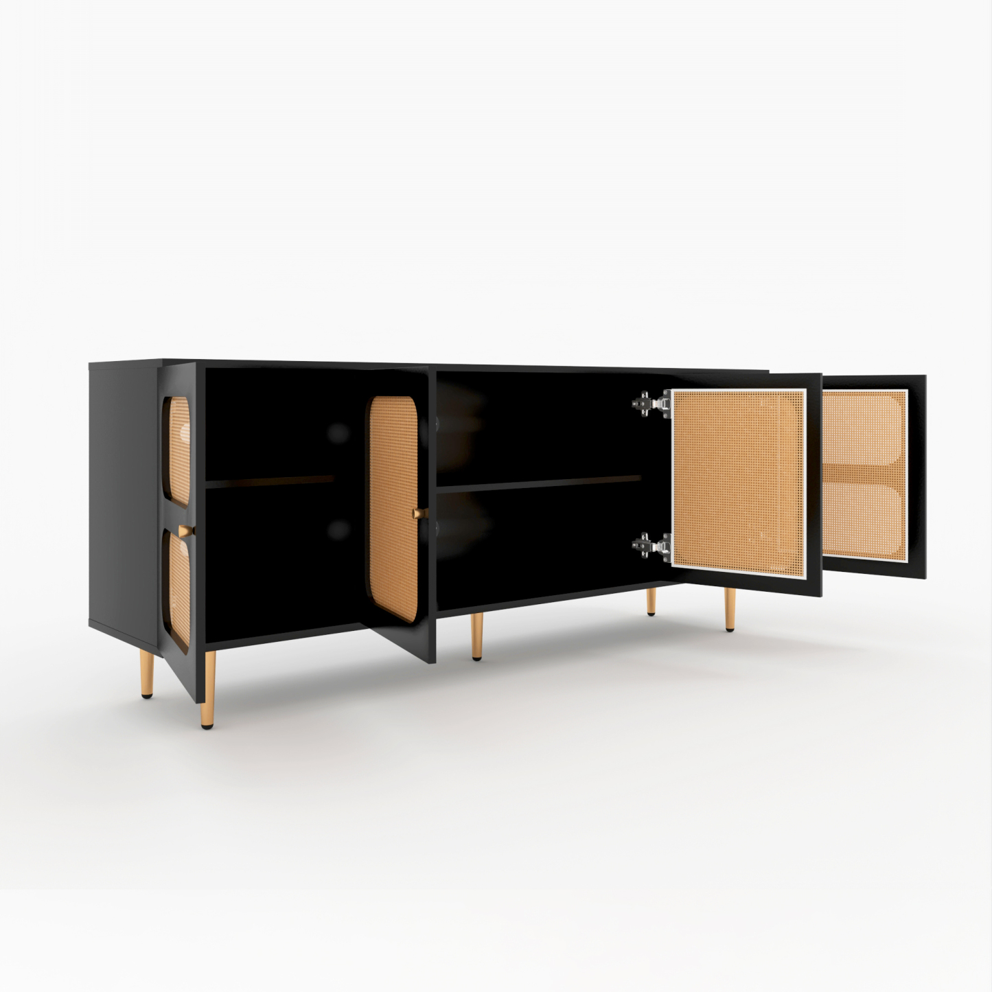 Modern Black Credenza with Rattan Mesh, 71" TV Stand Entertainment Center
